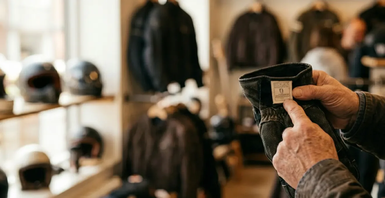 Vérification détaillée des étiquettes d'homologation sur équipement moto en magasin spécialisé