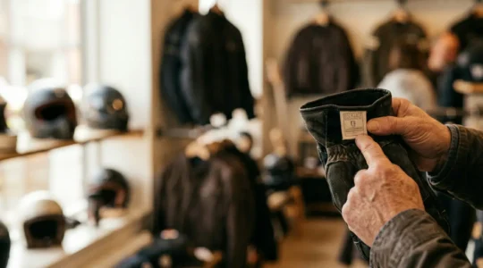 Vérification détaillée des étiquettes d'homologation sur équipement moto en magasin spécialisé