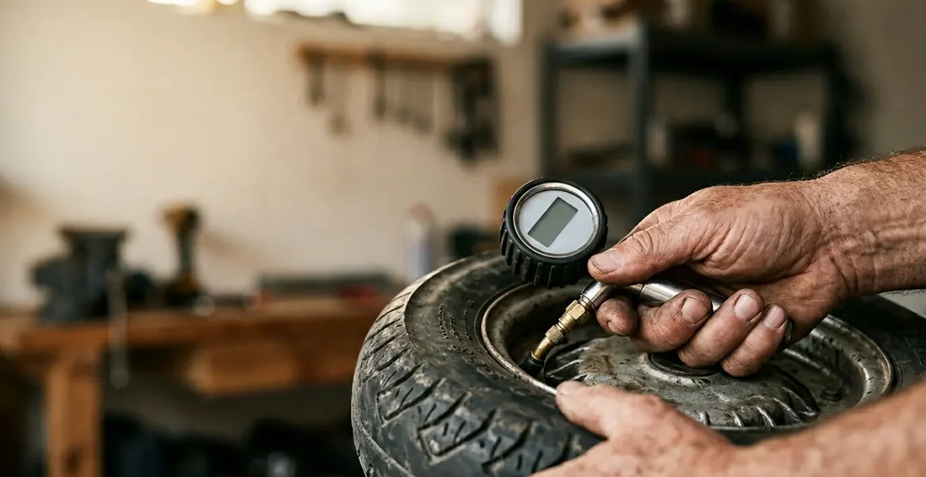 Contrôle minutieux de la pression d'un pneu de scooter avec manomètre digital pour garantir la sécurité routière