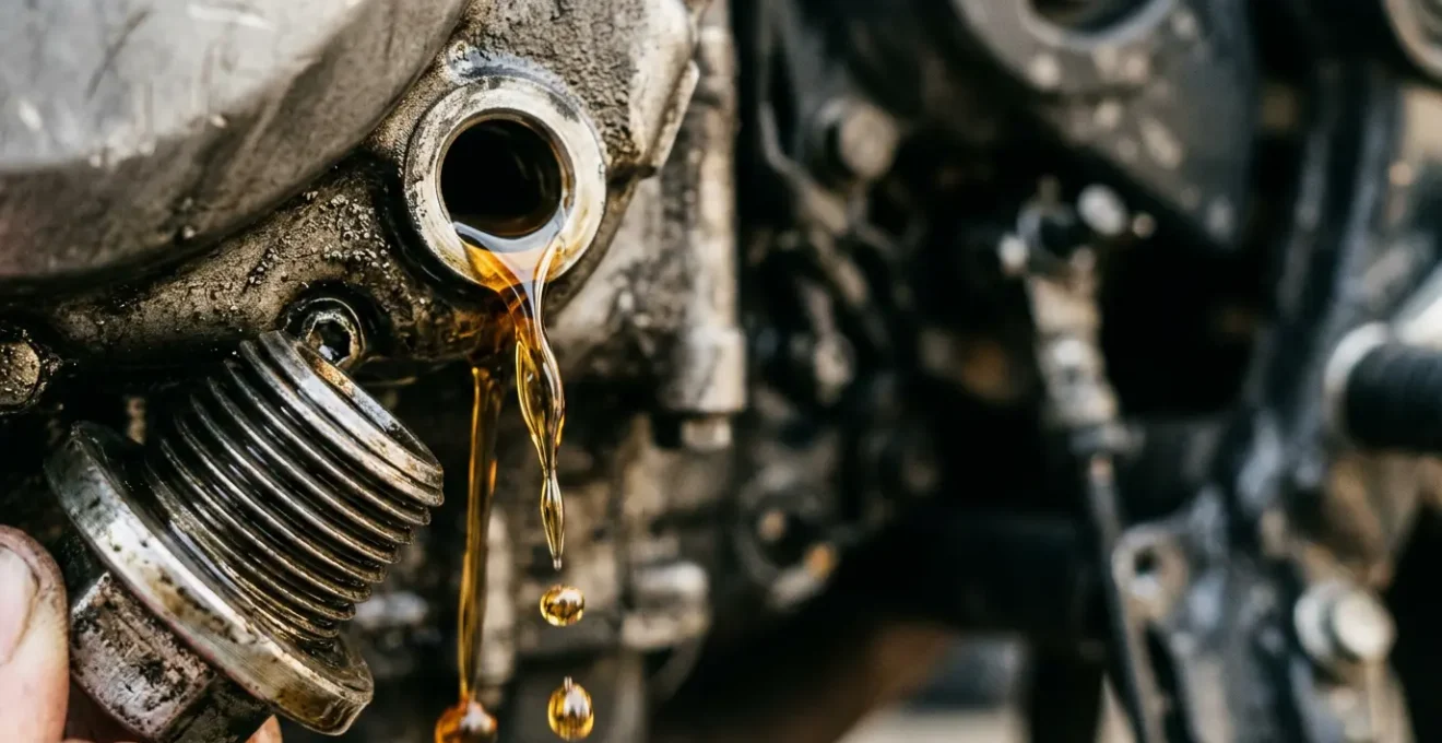 Gros plan sur un bouchon de vidange moteur scooter avec gouttes d'huile dorée en suspension, éclairage naturel dramatique