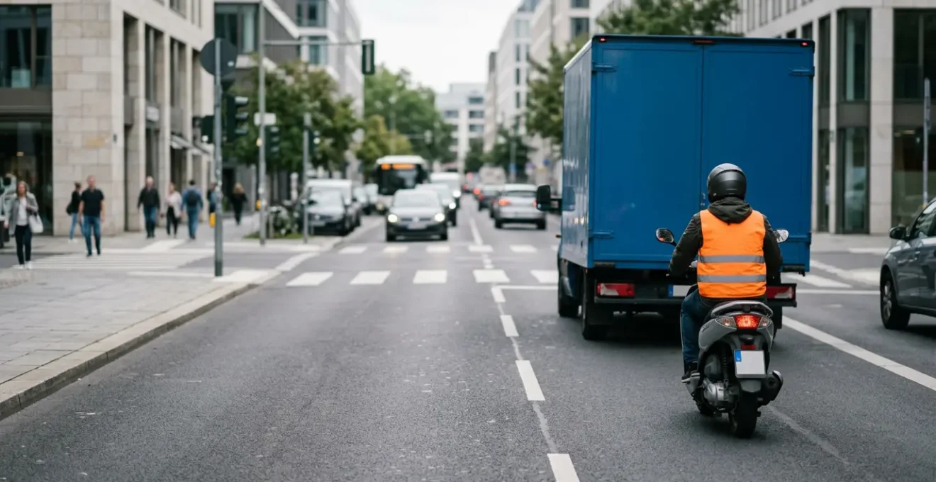 Scootériste en position stratégique pour éviter l'angle mort d'un camion en environnement urbain