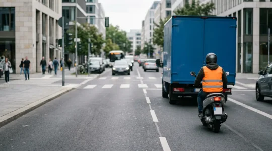 Scootériste en position stratégique pour éviter l'angle mort d'un camion en environnement urbain