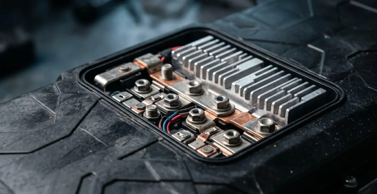 Détail macro de la batterie lithium-ion d'un scooter électrique illustrant l'impact des températures froides sur l'autonomie
