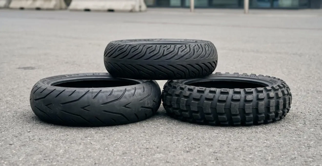 Vue comparative des sculptures de différents types de pneus scooter pour usage urbain
