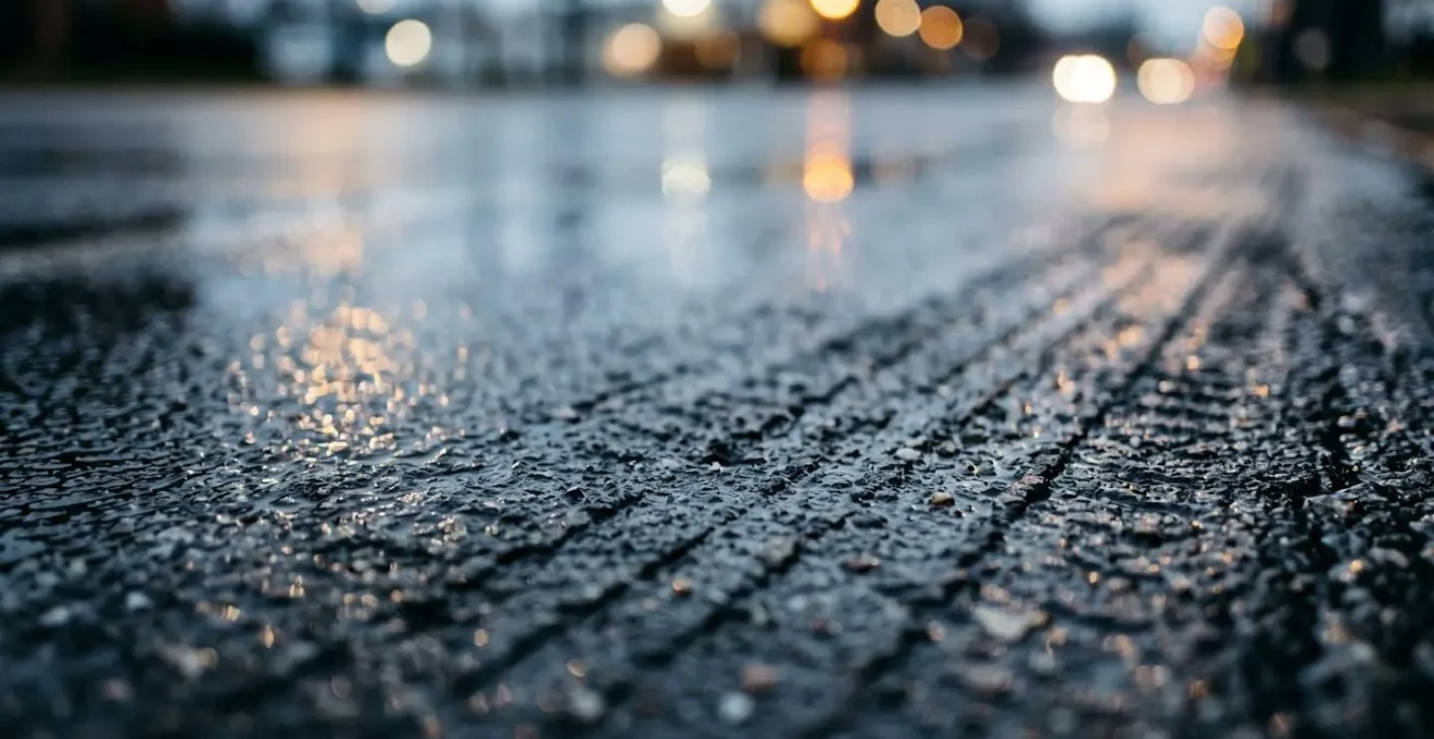 Surface de route urbaine mouillée par la pluie avec reflets lumineux illustrant les conditions à risque pour la circulation inter-files