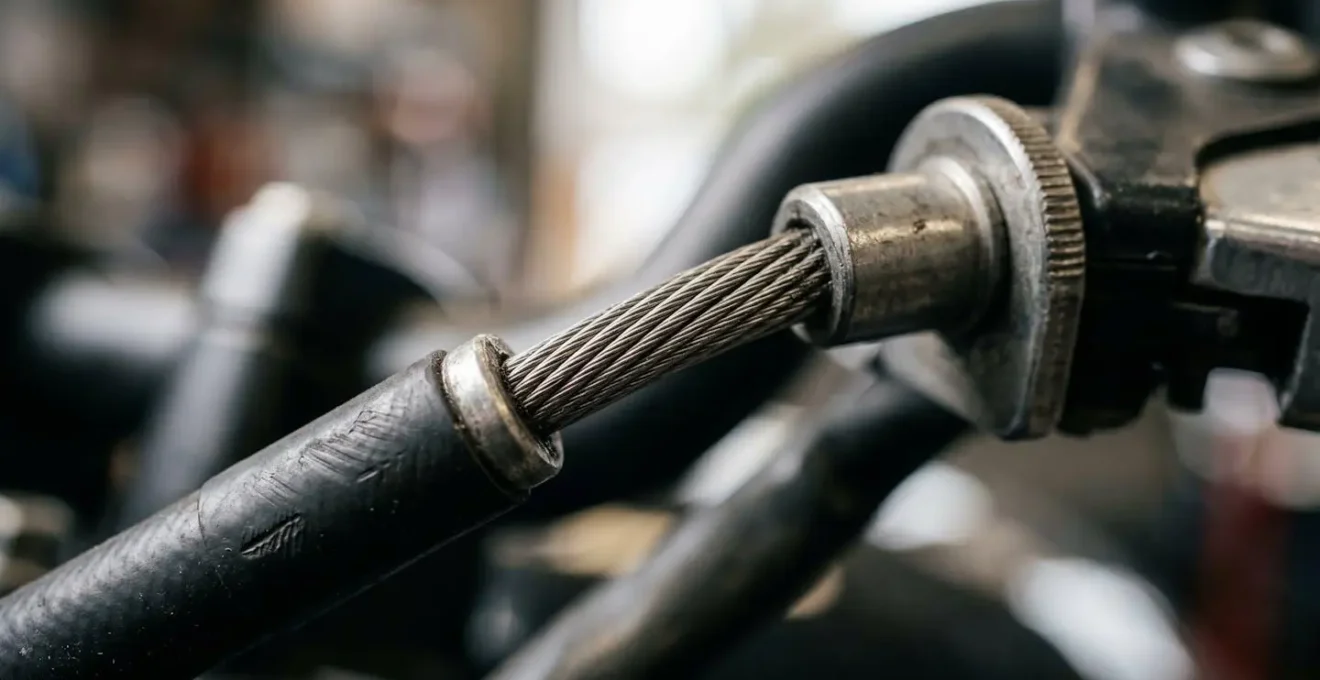 Gros plan sur un câble de frein de scooter montrant les détails de la gaine et du mécanisme