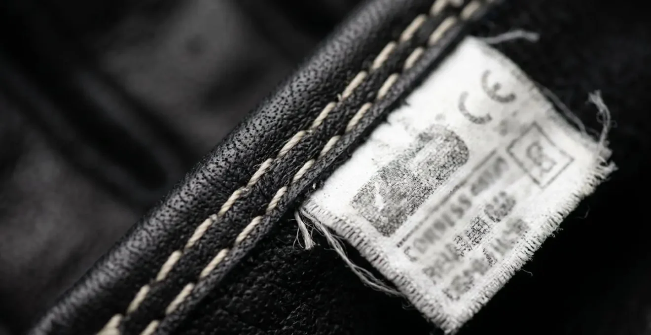 Détail macro des coutures et étiquettes de certification à l'intérieur de gants de moto en cuir