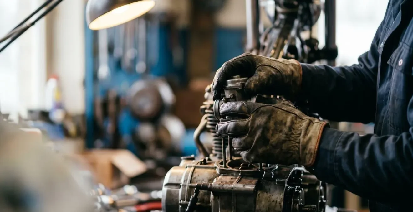 Expert technique inspectant un moteur de scooter avec éclairage professionnel