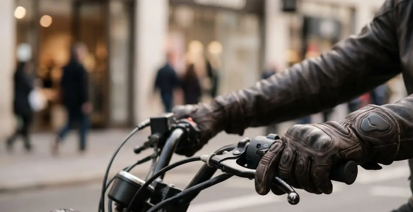 Mains gantées de motard sur guidon de scooter en environnement urbain avec lumière naturelle