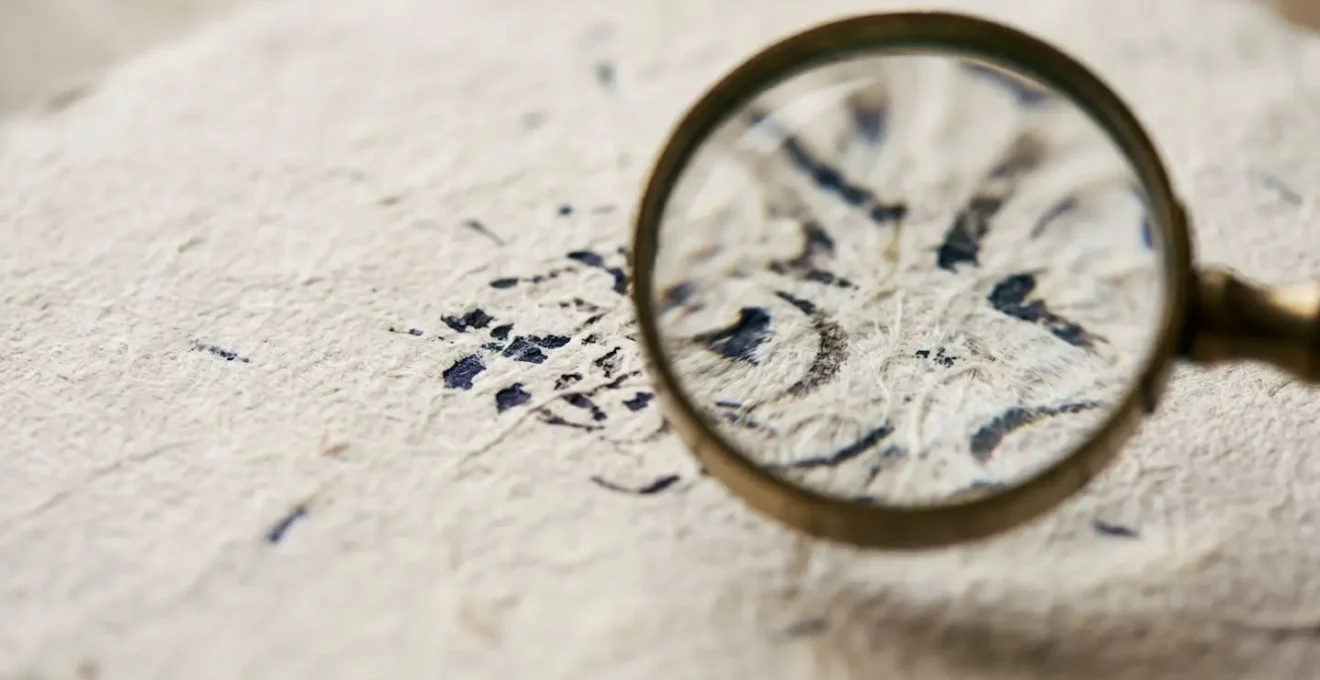 Macro sur des lignes de texte contractuel avec loupe révélant les détails microscopiques