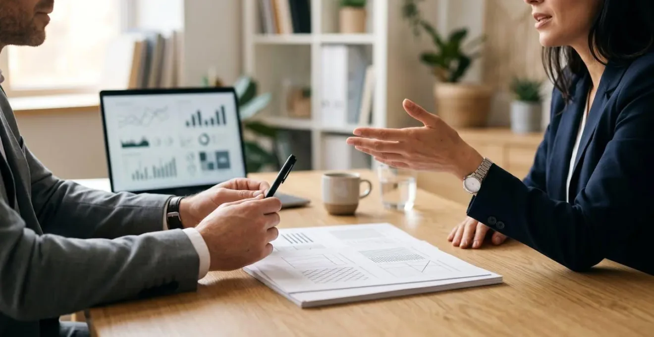 Échange professionnel entre client et conseiller illustrant la négociation d'assurance