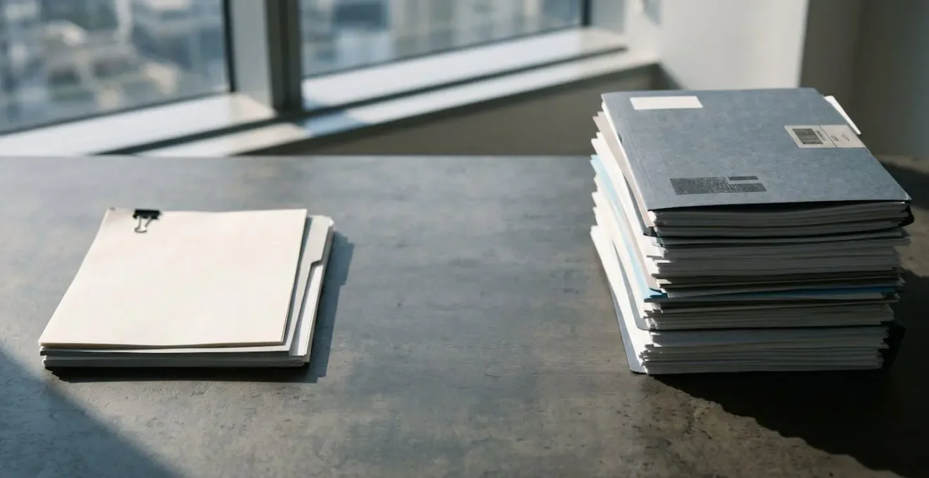 Deux piles de documents cote a cote sur bureau illustrant ecart entre offre initiale et indemnisation juste