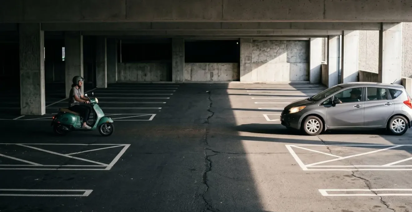 Scène de parking privé montrant les zones de conflit entre scooter et véhicules lors de l'application de la priorité à droite