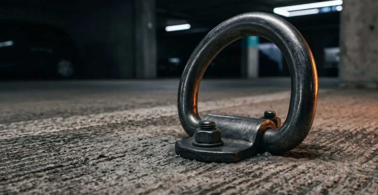 Zone de stationnement souterrain pour deux-roues avec arceaux métalliques et éclairage renforcé