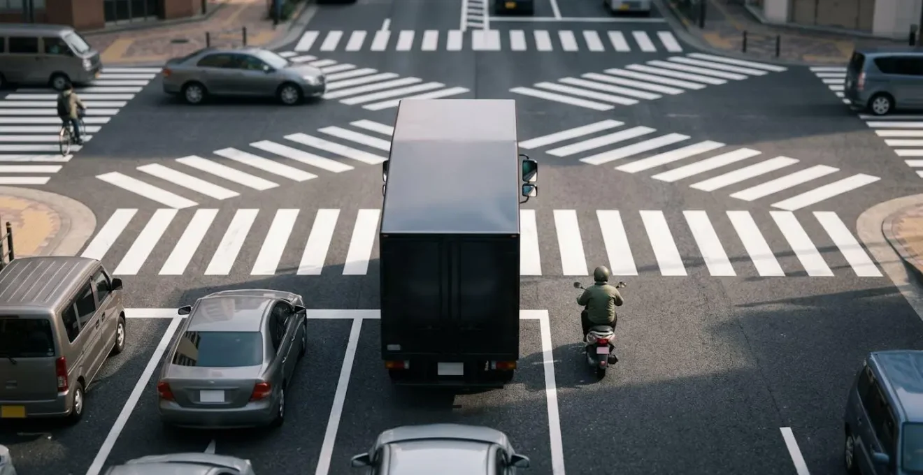 Positionnement sécurisé d'un scooter à un feu rouge pour rester visible des camions environnants