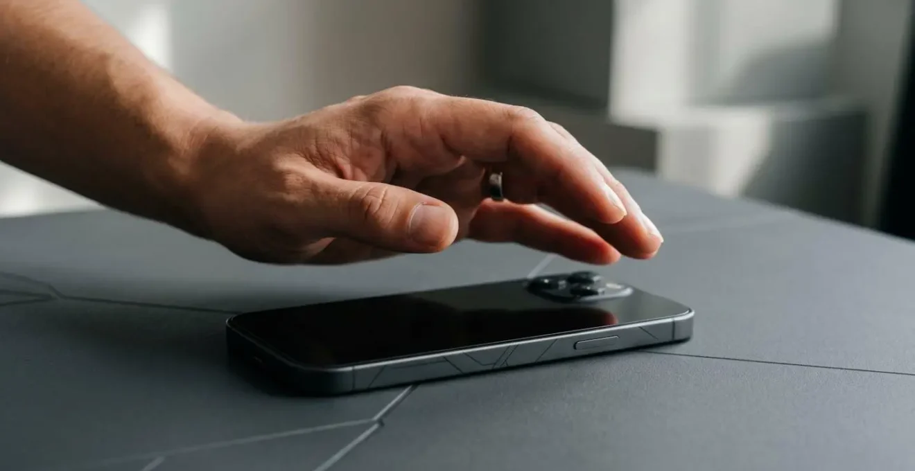 Main protégeant symboliquement un smartphone avec geste de bouclier dans un environnement minimaliste
