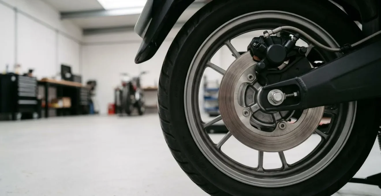 Vue détaillée d'un système de freinage à disque de scooter moderne montrant le mécanisme en action