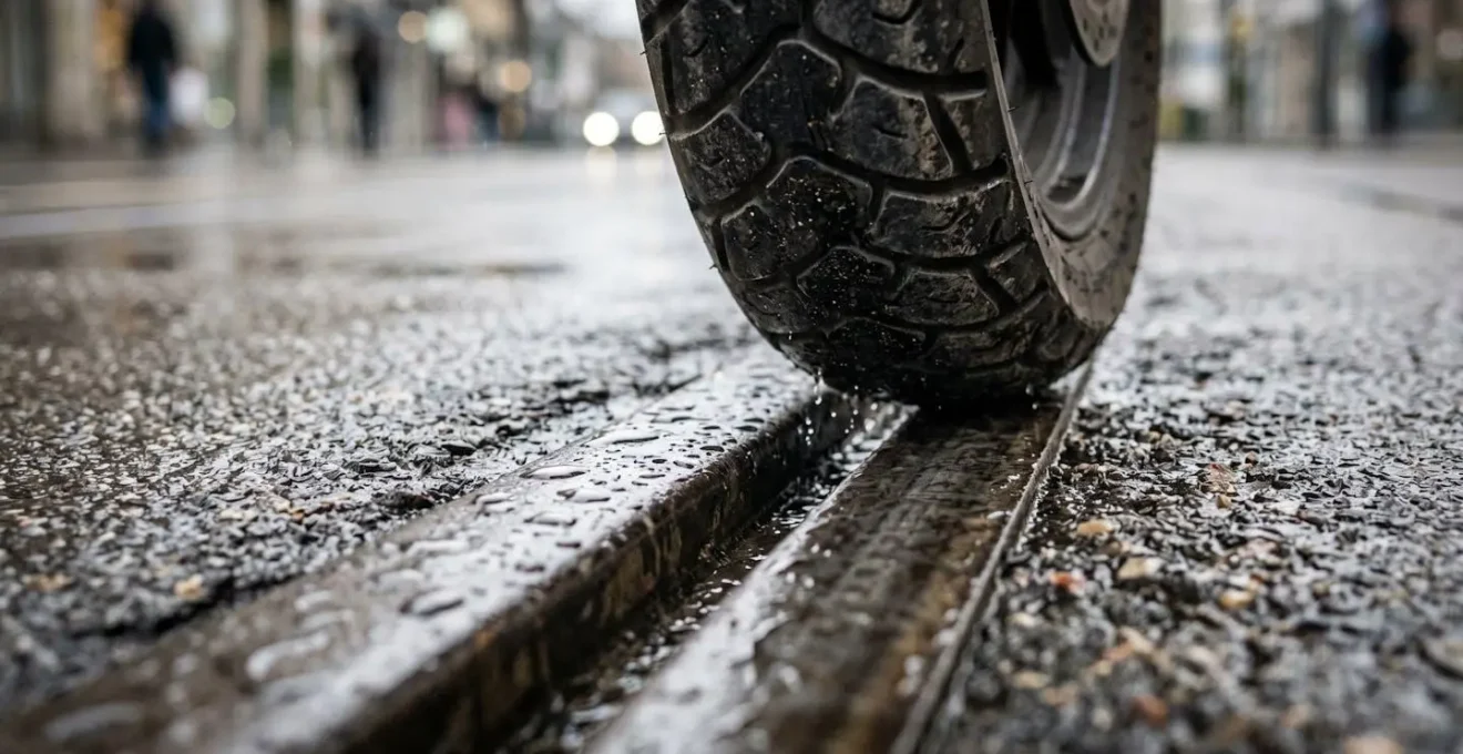 Gros plan sur une roue de scooter franchissant des rails de tramway mouillés avec technique appropriée