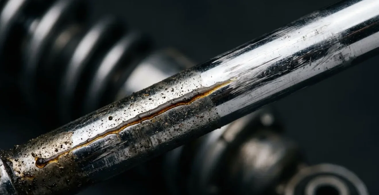 Gros plan extrême sur une tige chromée d'amortisseur de scooter révélant des traces d'huile et de l'usure
