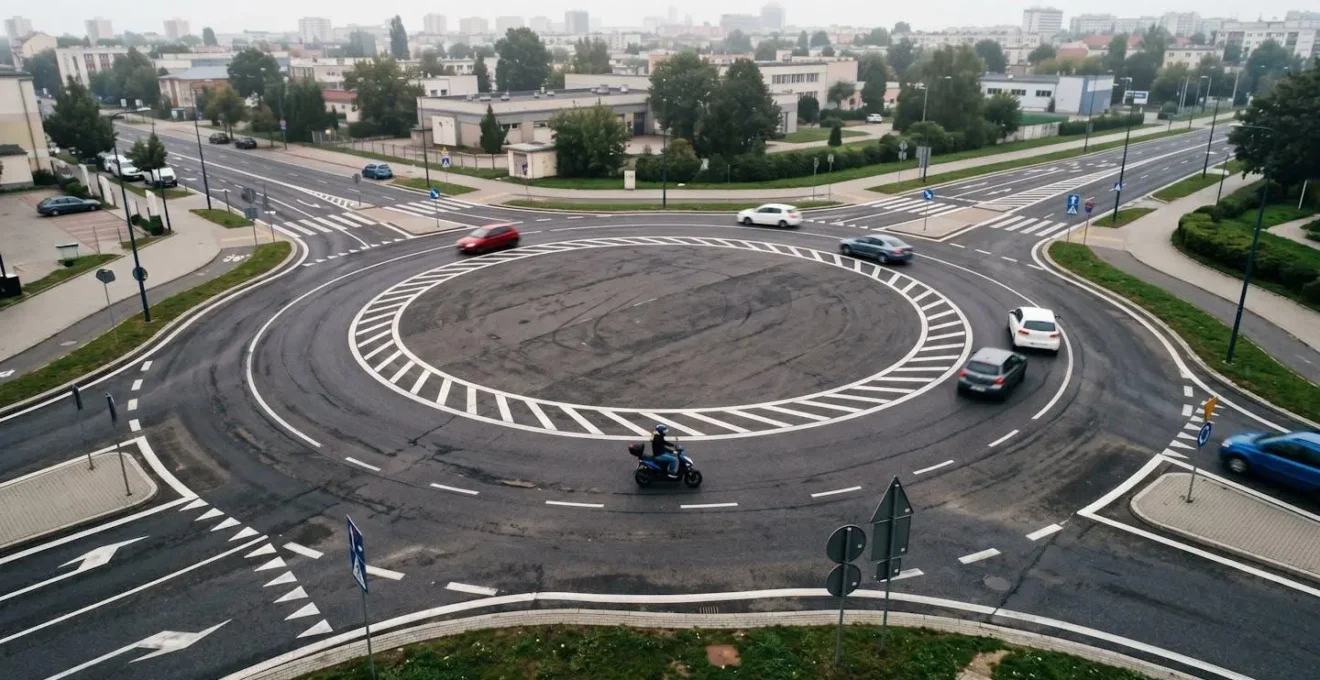 Vue aérienne d'un rond-point à trois voies montrant les trajectoires correctes et dangereuses pour un scooter