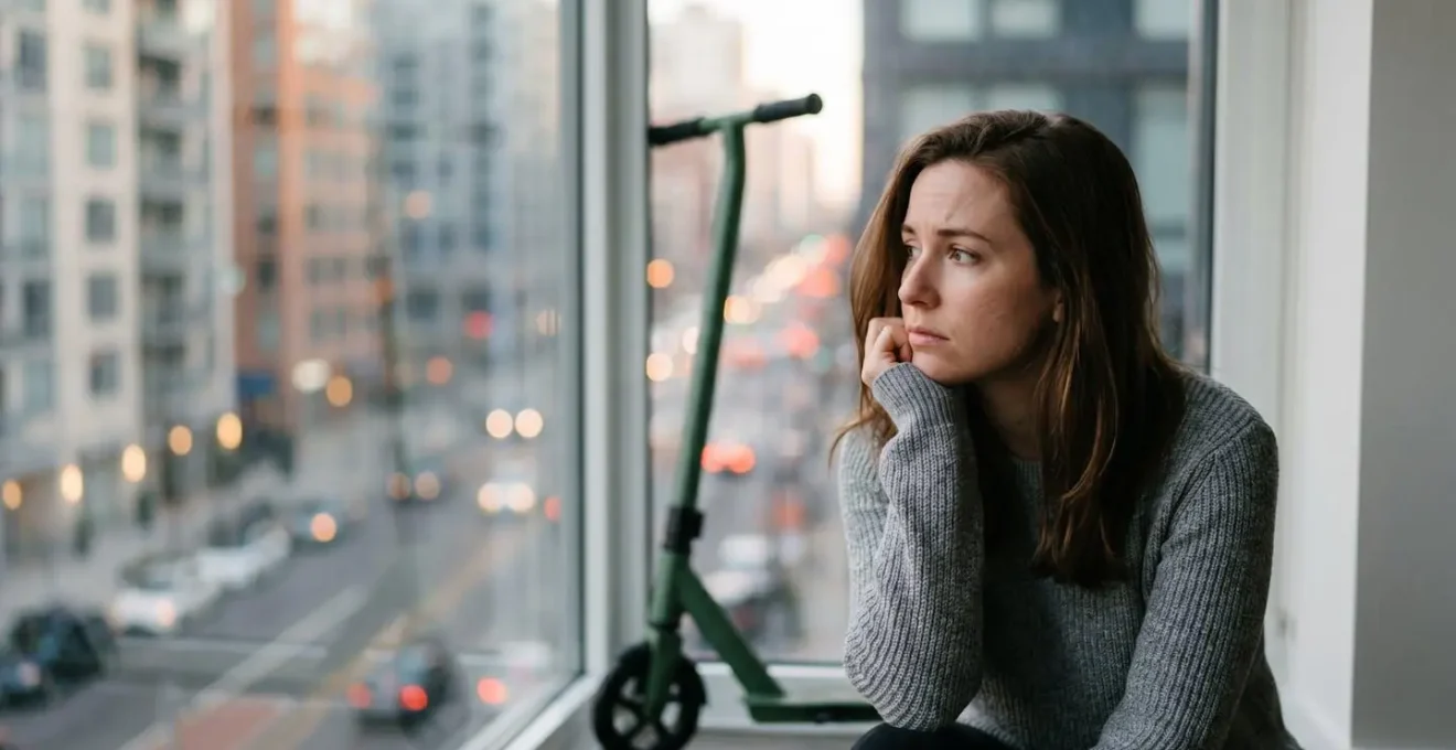 Personne réfléchissant à un choix de mobilité urbaine dans un environnement minimaliste