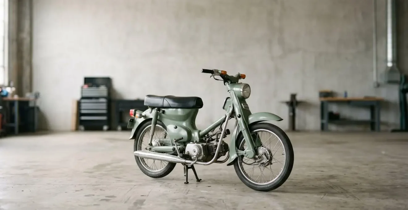 Vue d'ensemble minimaliste d'un scooter dans un environnement épuré mettant en valeur sa silhouette complète